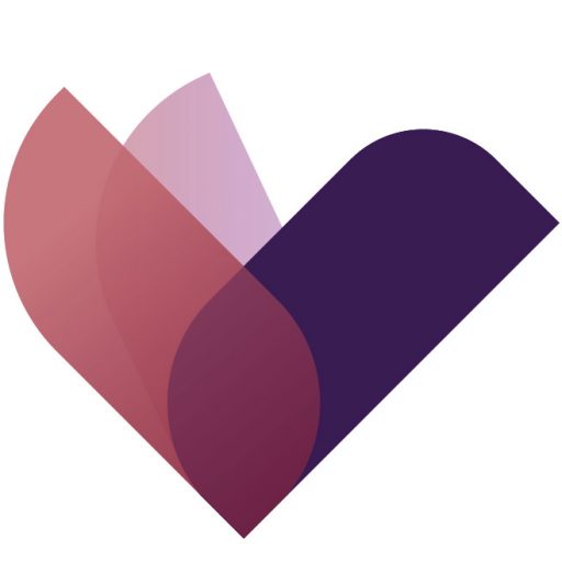 A geometric heart shape formed by overlapping maroon, pink, and purple translucent segments on a white background.