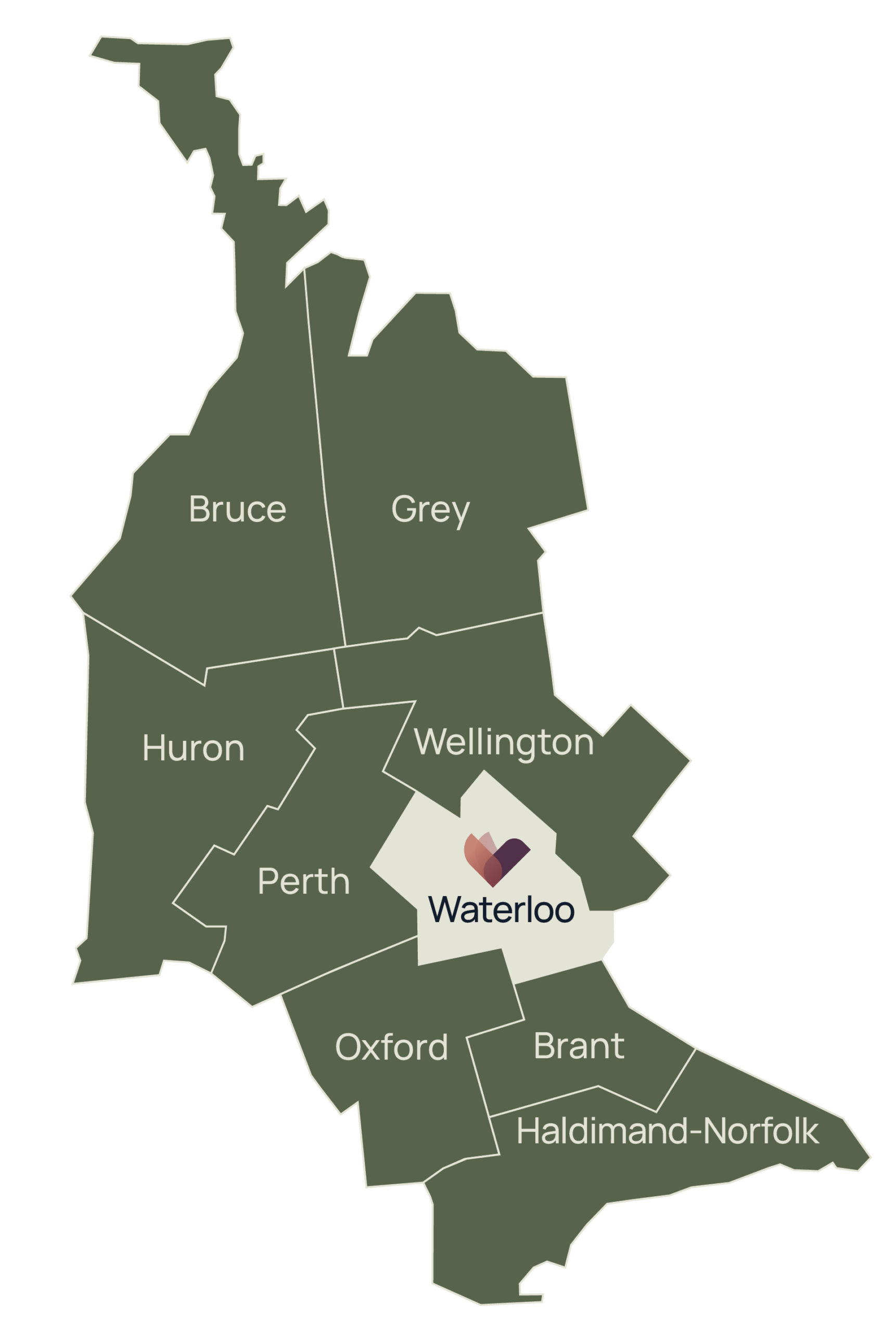 Map of the regions and counties WRHN serves: Bruce, Grey, Huron, Wellington, Perth, Waterloo, Oxford, Brant, and Haldimand-Norfolk.