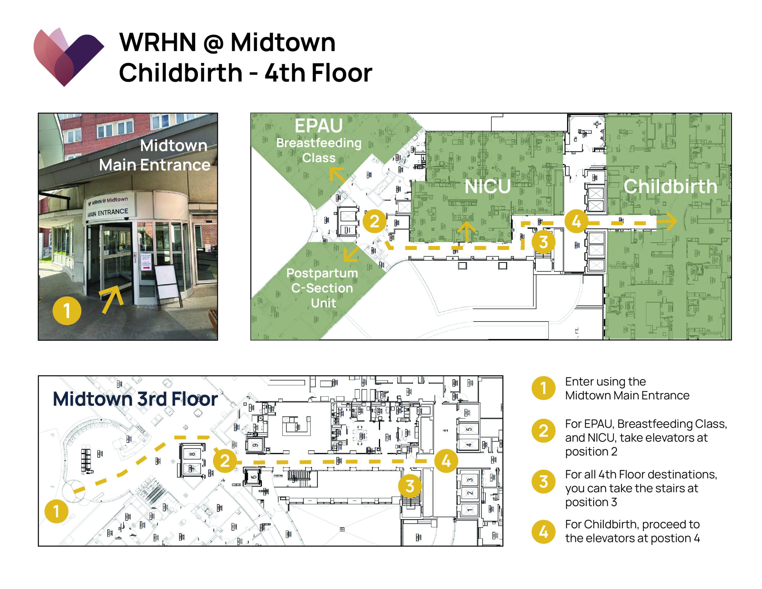Wayfinding map showing step-by-step directions from the main entrance at WRHN @ Midtown to the childbirth area on the 4th floor.