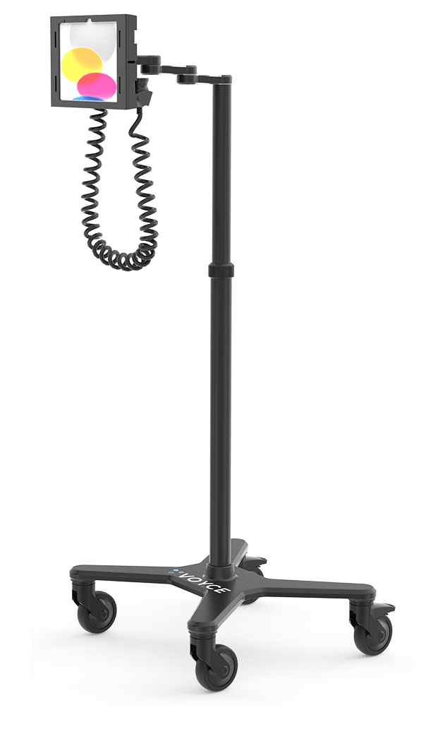 Black mobile medical tablet stand with four caster wheels and a coiled charging cable, holding a tablet in a clamp mount.