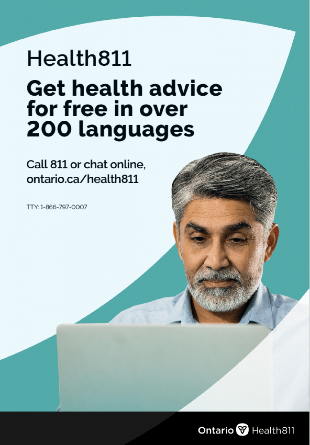 A poster showing Health 811 information for free healthadvice in multiple language