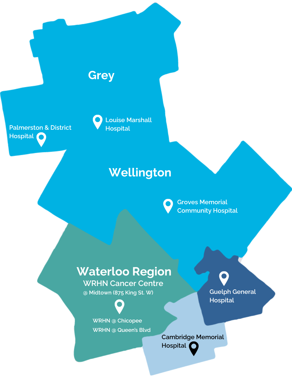 Map of the Waterloo Wellington Regional Cancer Program catchment area