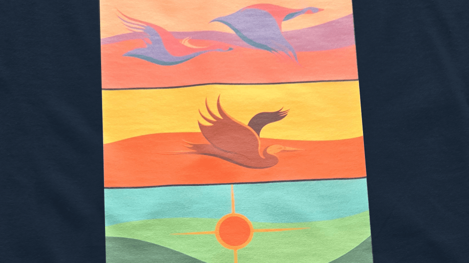 Stylized illustration of birds flying over abstract landscapes with a sun symbol at the bottom.