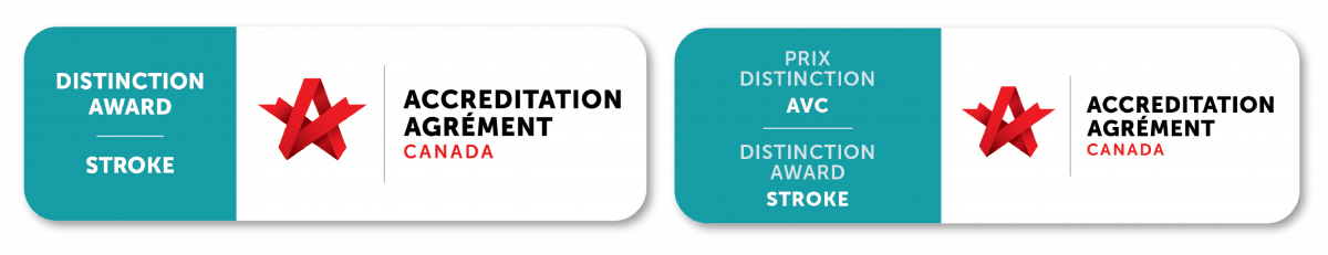 Two bilingual badges display 'Distinction Award Stroke' and 'Accreditation Canada' with a red icon.