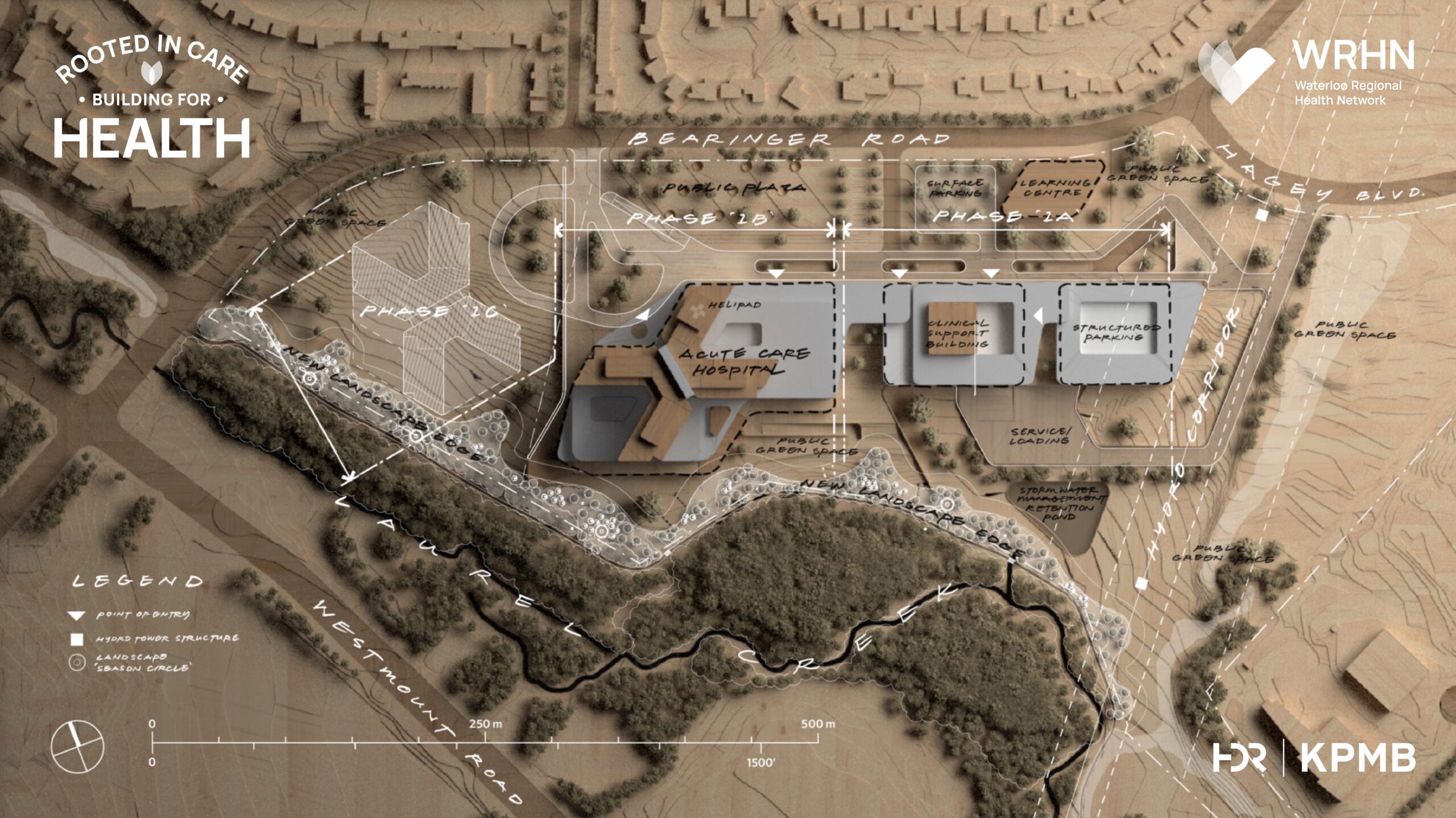This image shows a site plan for waterloo region's new hospital with phase 1a on the east side, phase 1b in the middle, and phase 1c on the west side.