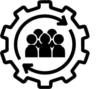 An illustration of a group of people inside a gear-shaped outline, surrounded by two arrows that point in a circle.
