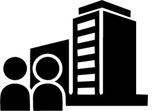 A simple illustration of two figure outside a hospital building.