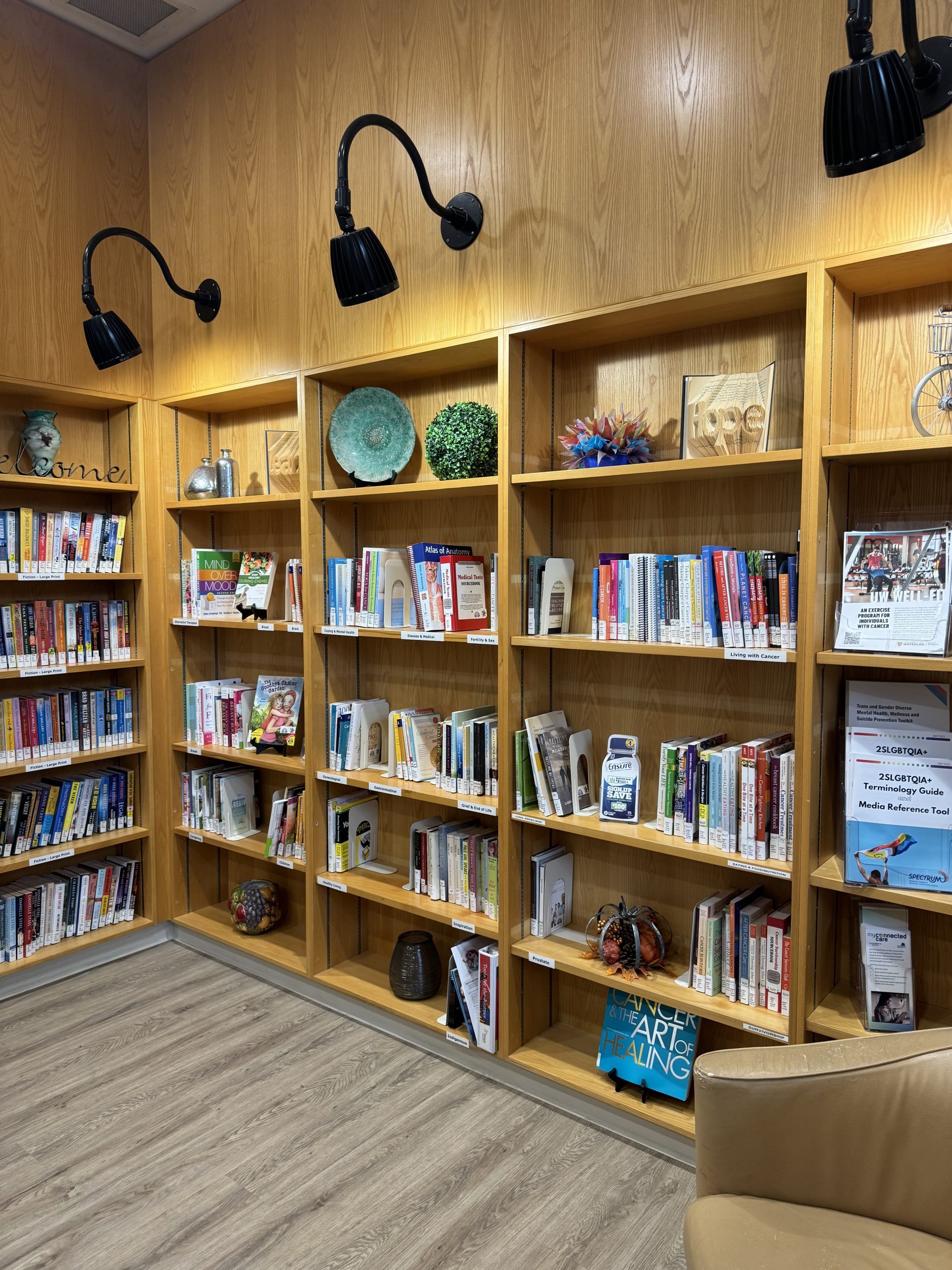Des étagères remplies de livres, d'objets décoratifs et de matériel de lecture dans un coin bibliothèque bien éclairé aux murs en bois.