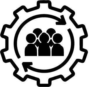 An illustration of a group of people inside a gear-shaped outline, surrounded by two arrows that point in a circle.